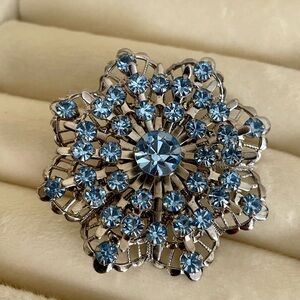 Blue Rhinestones Silver Tone Brooch